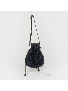 VTG Whiting &Davis Beaded Drawstring Pouch Bag Black Embroidered Mesh Cocktail